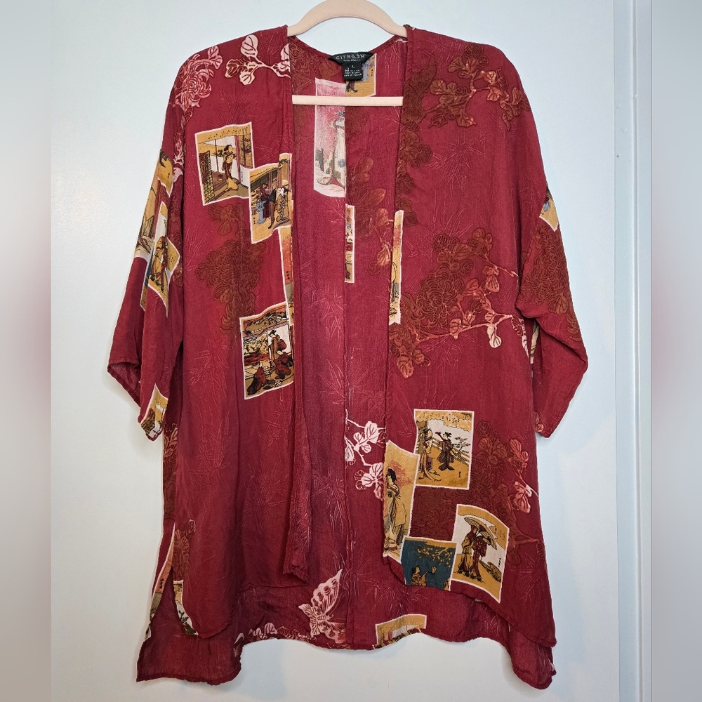 Vintage Citron Santa Monica Burgundy Asian&Floral Design Open Front Blouse Sz L